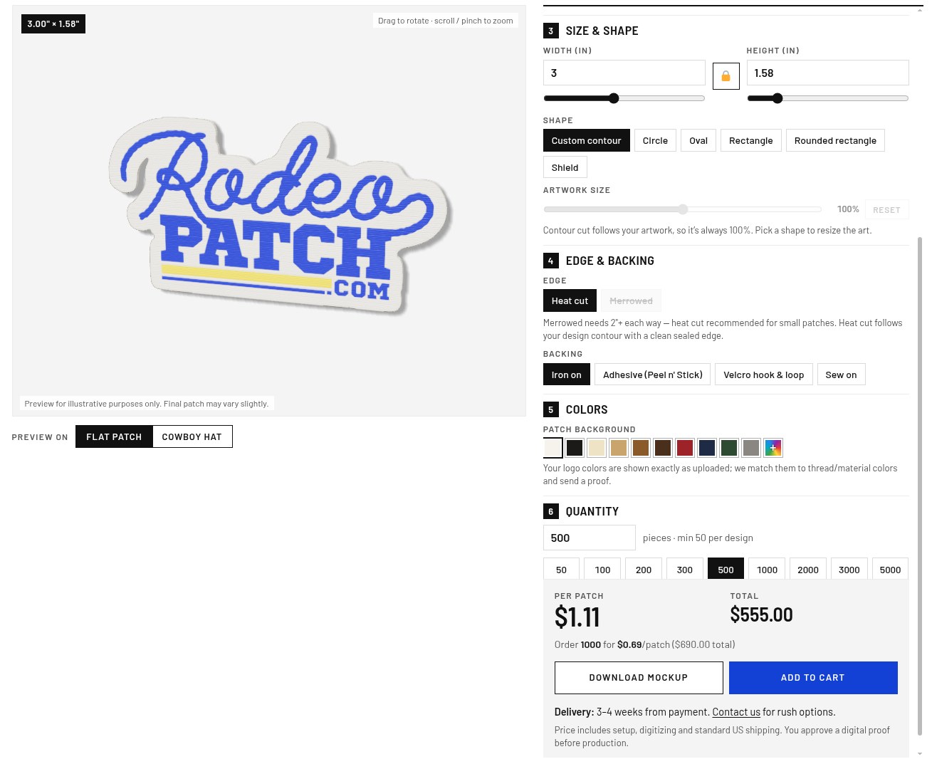 RodeoPatch online patch designer showing a woven RodeoPatch logo patch, 500 pieces at $1.11 per patch